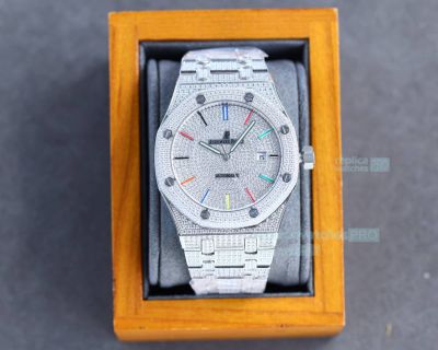 Replica AP Royal Oak Iced Out Diamond Rainbow Marks Watch 40mm